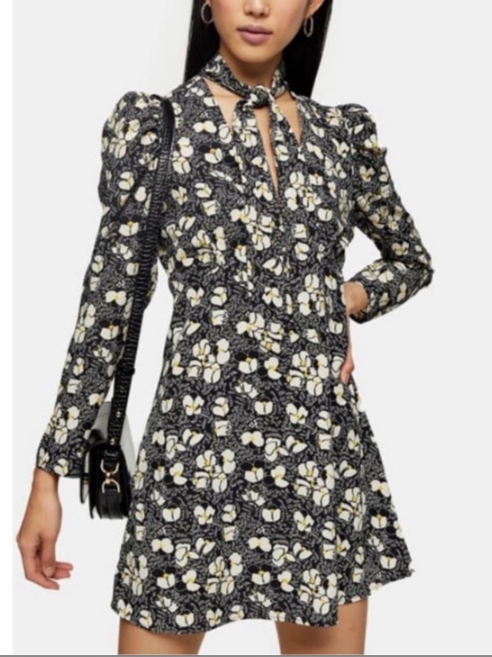 Top Shop Black Floral Tie-Neck Long-Sleeve Mini Dress